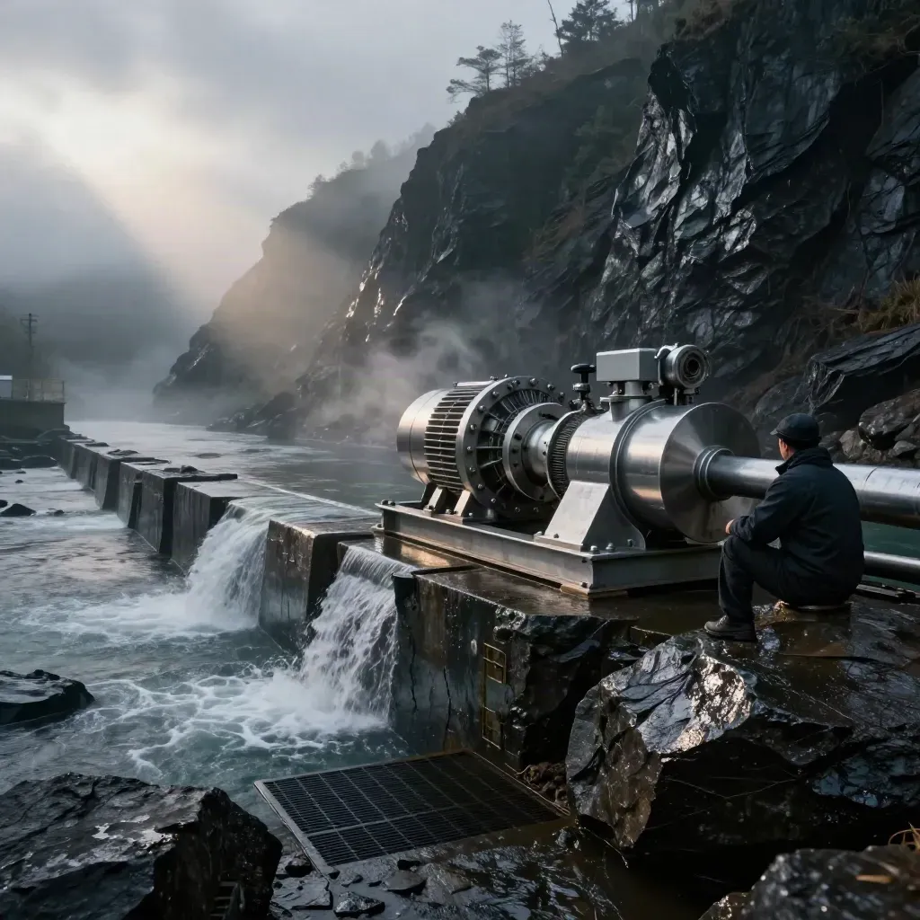 Hydroelectric turbine runner and generator skid by a misty spillway at dawn.