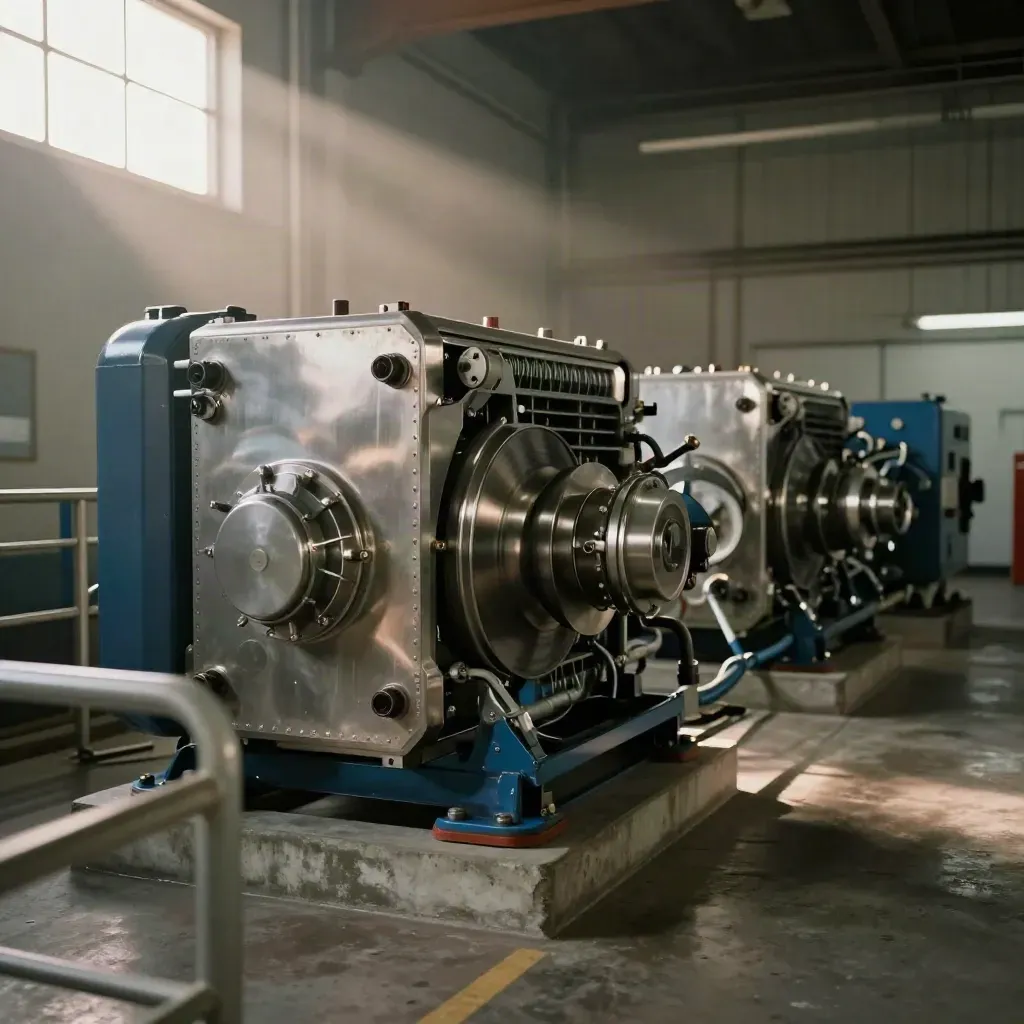 Generator spinning in a mill powerhouse bay, with warm window light and dry concrete floors.