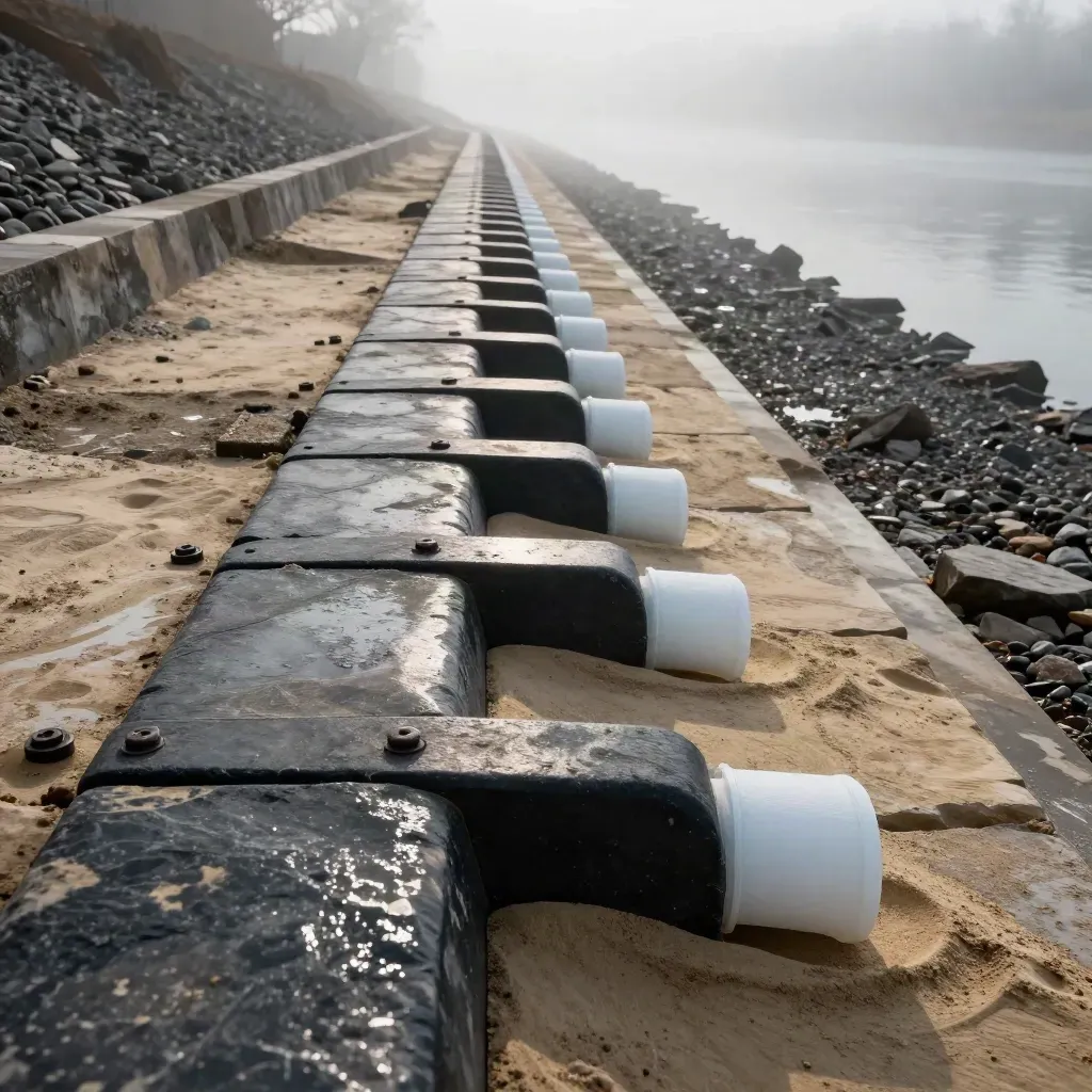 Macro of a sealed riverbank hydro corridor with stone armor, trench covers and capped conduits in wet fog.