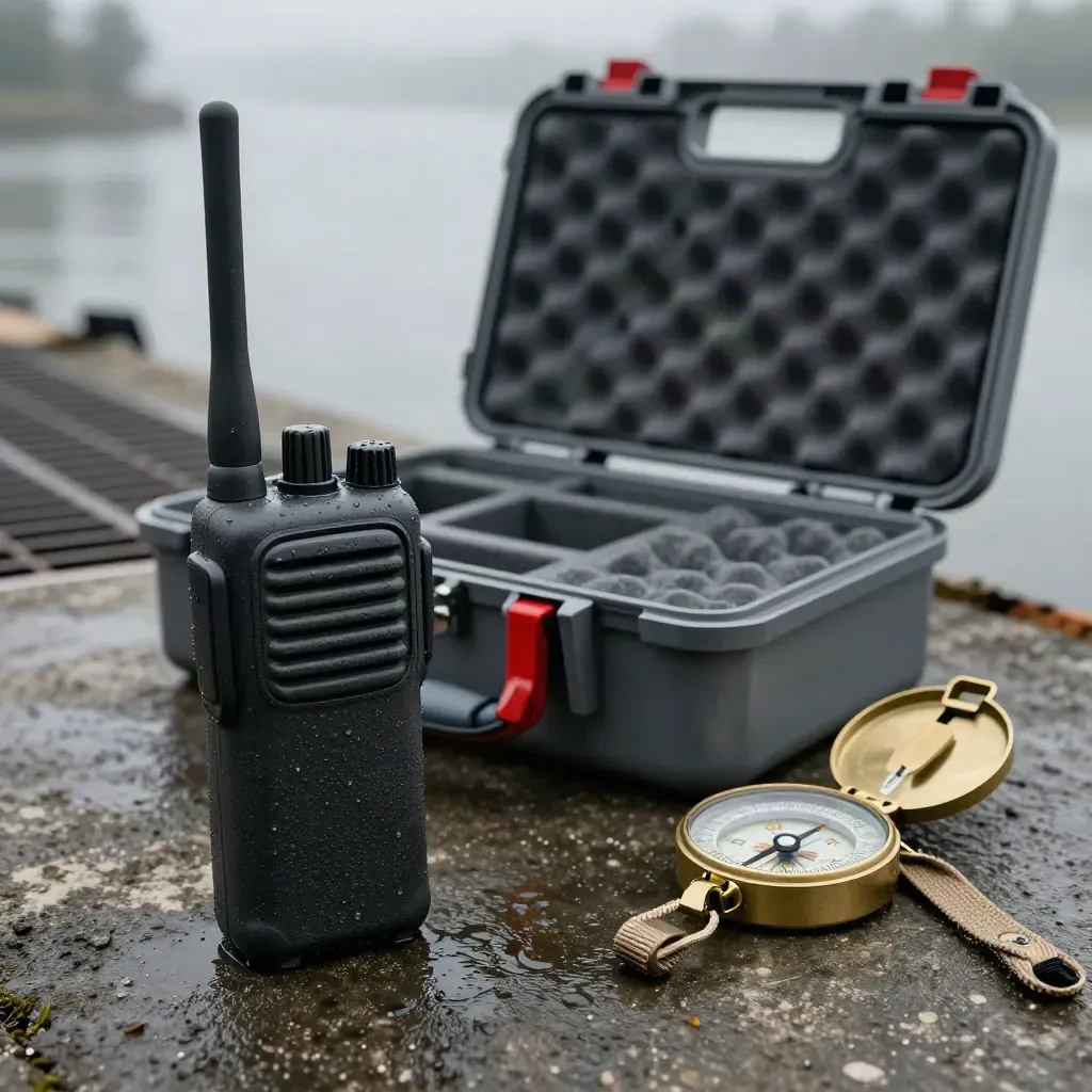 Open hydro field kit with radio, case and compass on a misty concrete dock.