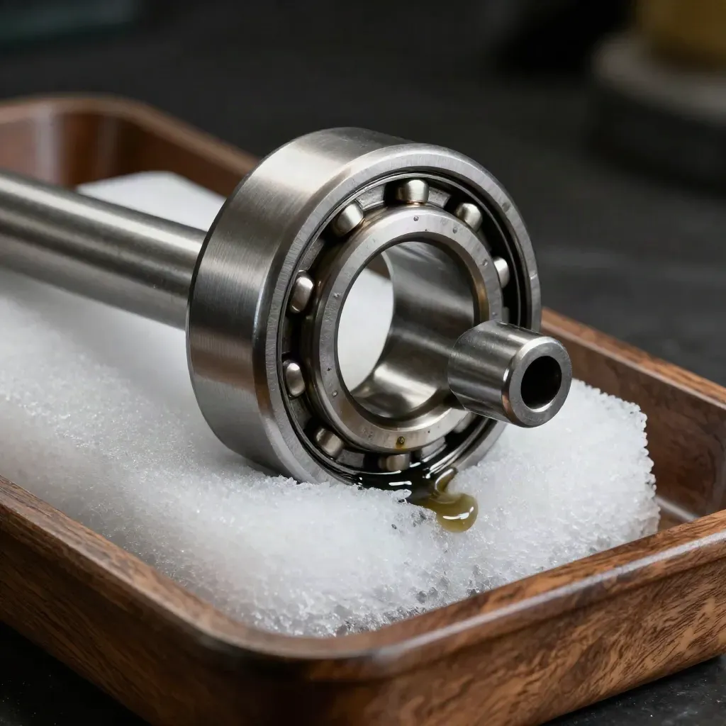 Stainless turbine bearing race and socket in foam, lit dramatically in a hydro workshop.