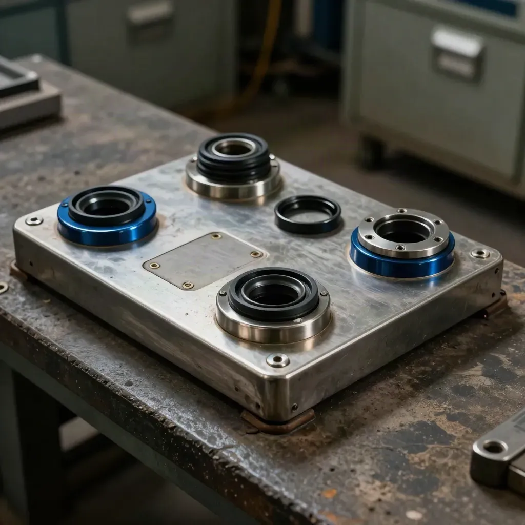 Weathered hydro control-panel parts, cable glands and O-rings on a slanted workshop surface