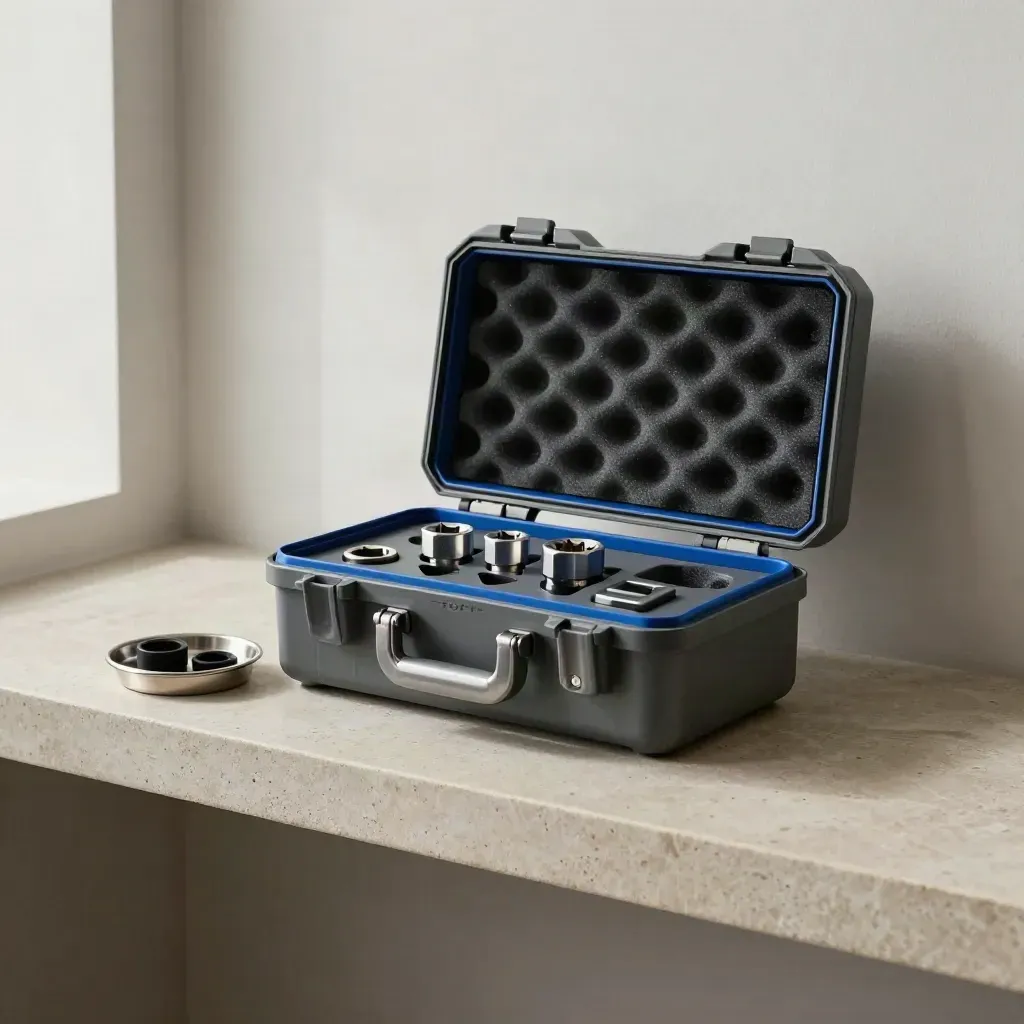 Waterproof service kit with sockets and seals on a stone shelf