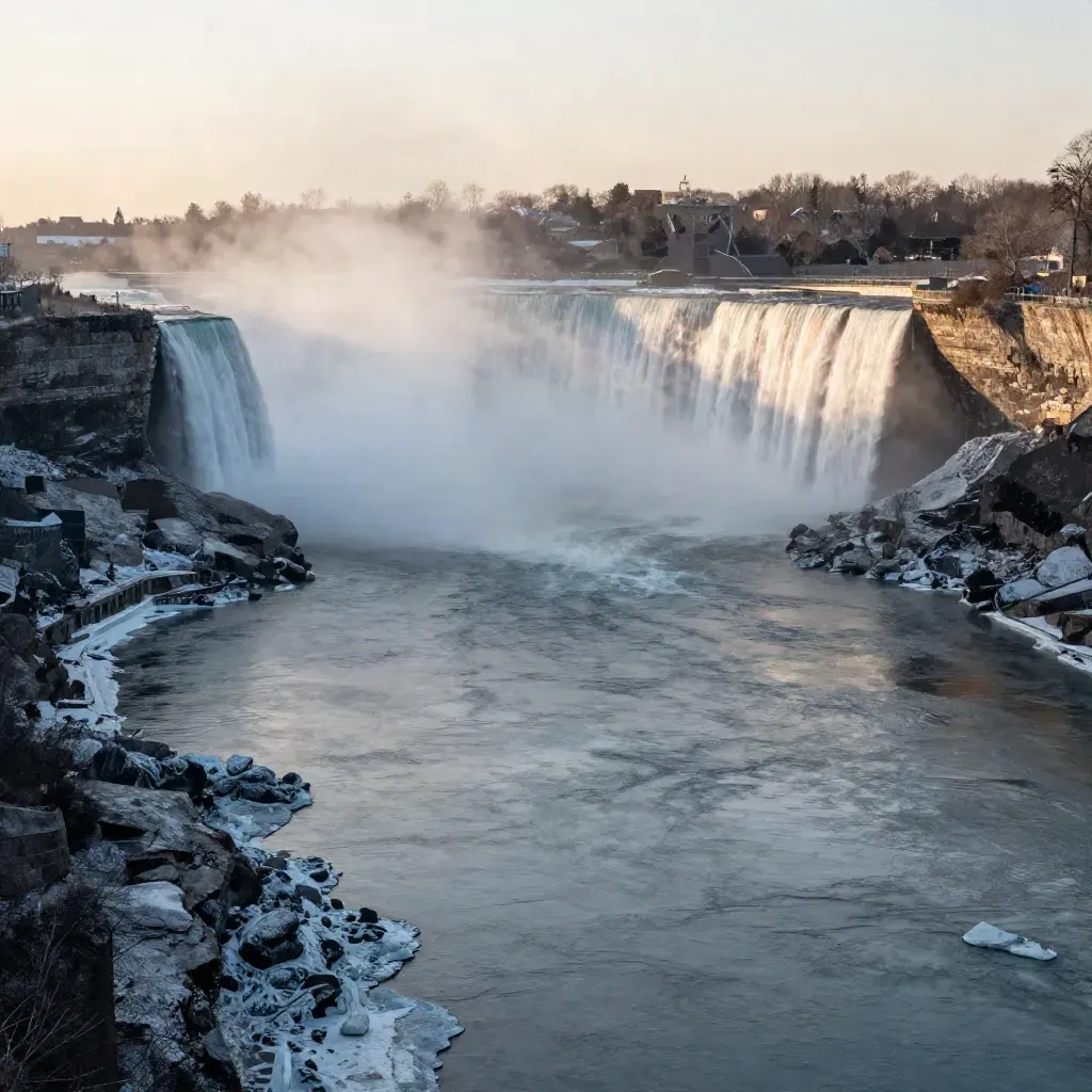 Niagara Gorge at dawn with misty winter river and distant hydro spillway