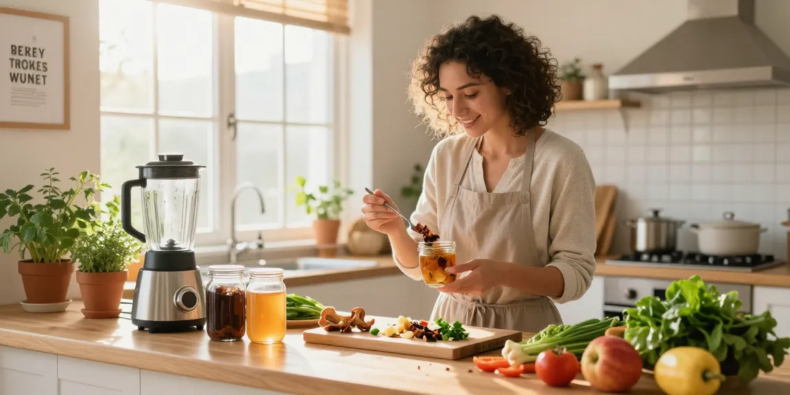 Natural preparation of turkey tail mushroom extract in a bright kitchen promoting wellness and healthy living.